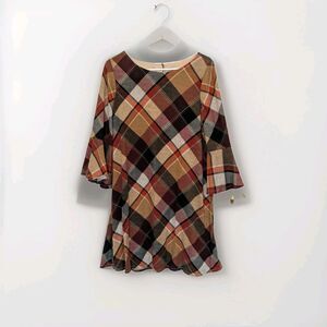 Vintage JH Size Large Brown Toned Plaid Mini Dress With Beel Flare Sleeves